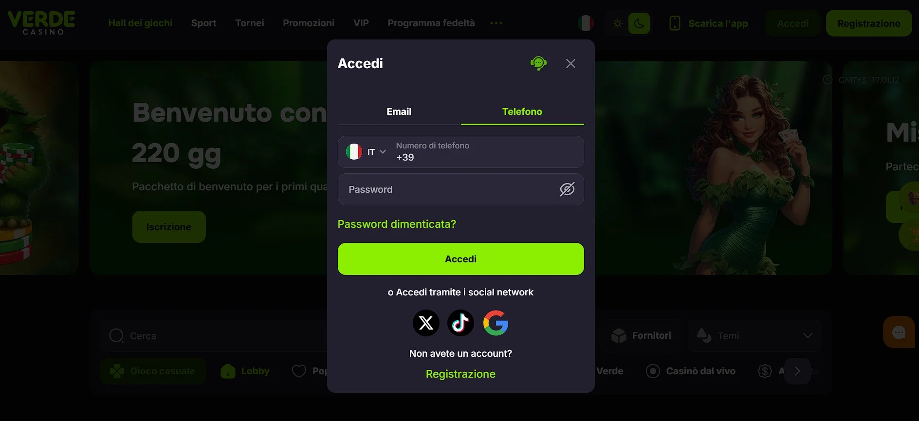 Pagina del bonus di benvenuto di Verde Casino per l'Italia